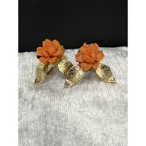 Vintage Coro Earrings Carved Flower‎ Signed Gold Tone Screw Back